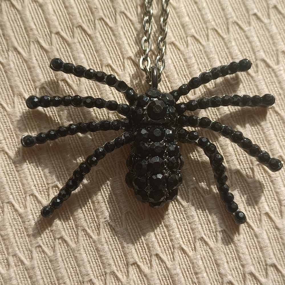 Black Beaded Spider Necklace 24" Chain and Halloween Jewelry
